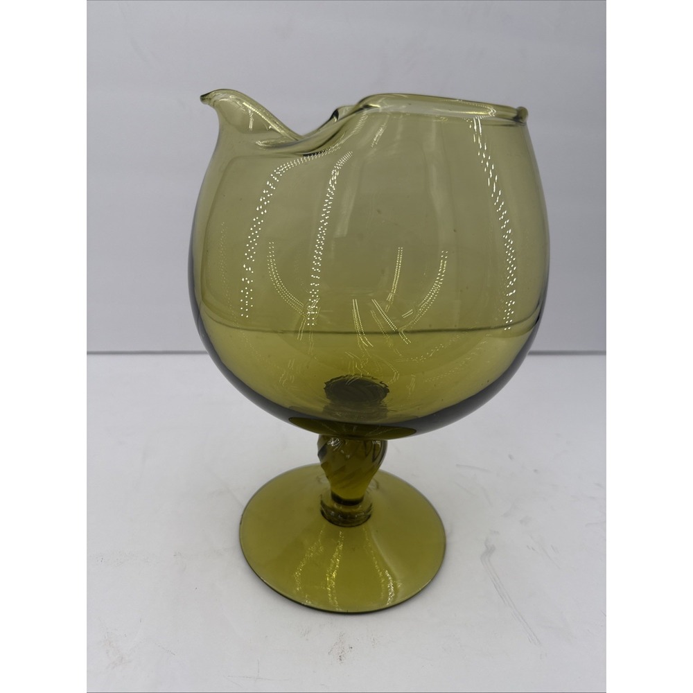 Vintage Empoli Italy Olive Green Art Glass Pitcher Twisted Stem MCM 8.25"